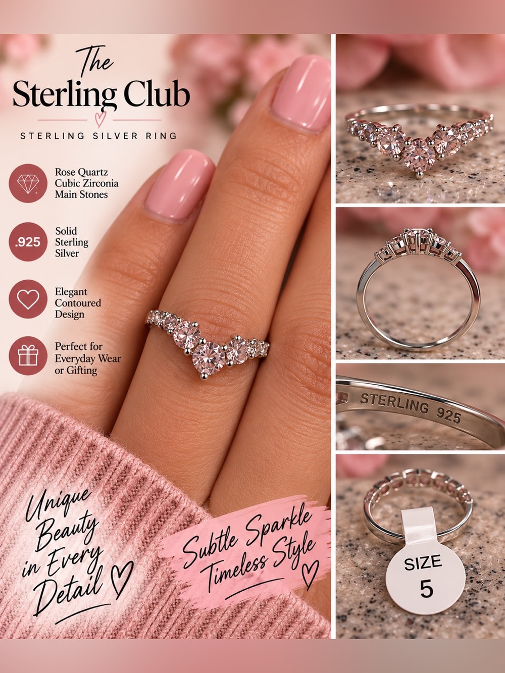 925 rose quarts sterling silver Round and Marquise Cluster Ring with Clear Stone